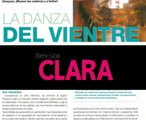 Reportaje en Clara la revista femenina y de salud acerca de la danza del vientre y sus beneficios, tomando El karnak como centro de referencia