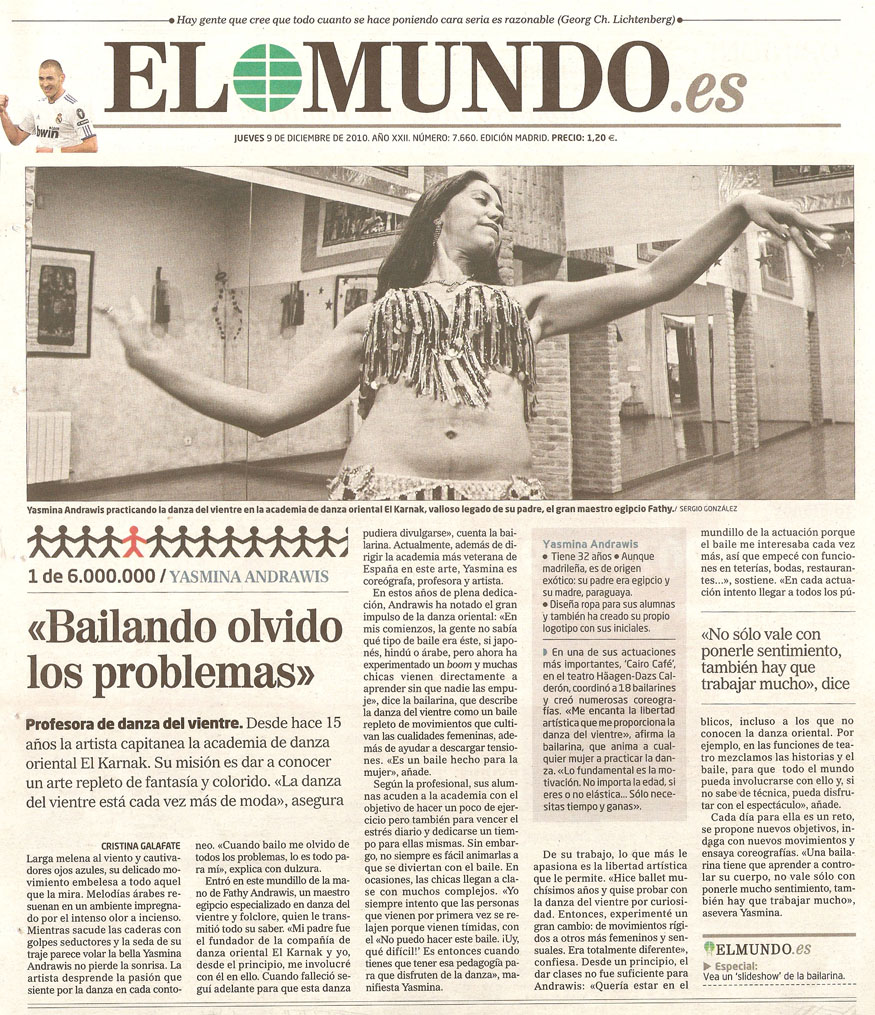 Reportajes de prensa de Yasmina Andrawis y la Academia Danza Oriental El Karnak en periodico El Mundo