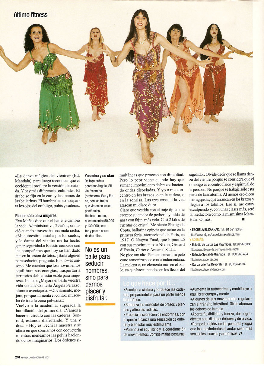 Reportajes de prensa de Yasmina Andrawis y la Academia Danza Oriental El Karnak en revista Marie Claire